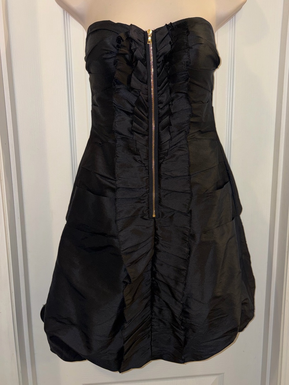 Phoebe Couture Black Strapless Ruffled Cocktail Dress with Gold Zip vintage